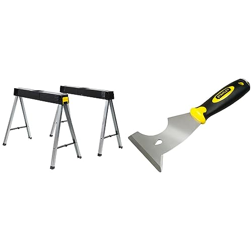 Stanley klappbares Unterstellbock Paar aus Metall 1-97-475 & Multifunktionsspachtel (22,4 cm Länge, 76 mm Klingenbreite, Spitzklinge, Bi-Material Handgriff) 0-28-206 von Stanley