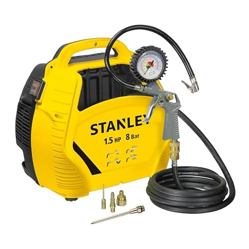 Stanley Kompressor 8 Bar - Ölfreier Luftkompressor mit Druckluftwerkzeug - Druckluft Zubehör inkl. 3 m Luftschlauch, Druckluftpistole mit Manometer und 3 Düsen - Gelb Stanley Kompressor 8 Bar - Ölfreier Luftkompressor mit Druckluftwerkzeug - Druckluft Zubehör inkl. 3 m Luftschlauch, Druckluftpistole mit Manometer und 3 Düsen - Gelb von Stanley