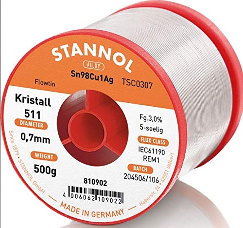 Stannol Lötdrähte Sn99Ag0.3Cu0.7 0,7 mm 500g mit Flux Kristall511 810902 von Stannol