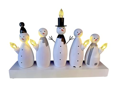 Star-Max LED Schneemann Deko aus Holz – 5 Schneemänner mit warmweißen Glühbirnen-LEDs – Weihnachtsbeleuchtung mit Timer – Batteriebetrieb – 33x7x22,5 cm – Innenbereich – Winterdeko von Star-Max