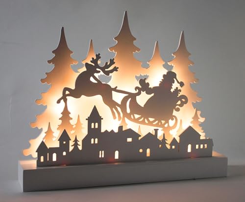 Star-Max LED-Silhouette Santa mit Schlitten, 12 warmweiße LEDs, 30x6x24 cm, Holz, Batteriebtrieben mit Timer von Star-Max