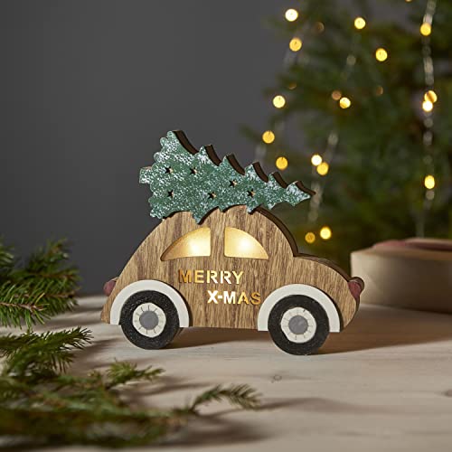 LED Weihnachtsdeko Billy von Star Trading, Auto mit Weihnachtsbaum aus Holz mit Beleuchtung und Timer, warmweiß, batteriebetrieben, Länge: 20 cm von Star Trading