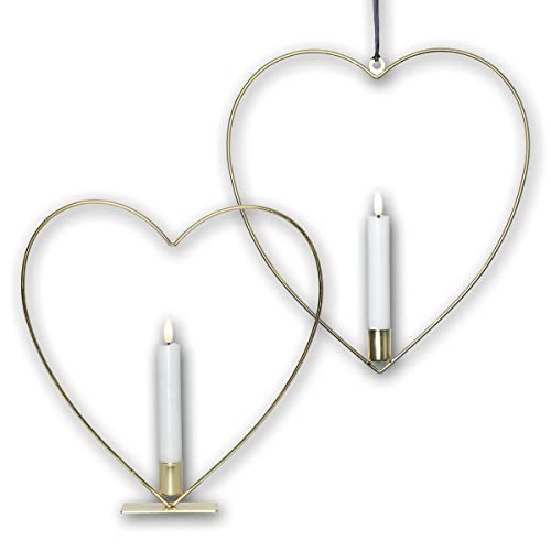 2er Set LED Kerze "Flamme" mit Metallherz messing, Timer von Star