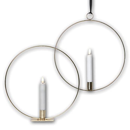 2er Set LED Kerze "Flamme" mit Metallring messing, Timer von Star