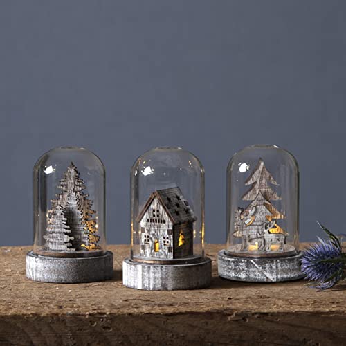 3er-Set LED Glasglocke Kupol von Star Trading, Deko Kuppeln warmweiß, batteriebetriebene Weihnachtsdeko aus Glas und Holz, braun, Höhe: 8,5 cm von Star