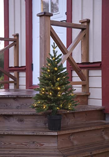 Künstlicher Weihnachtsbaum Byske von Star Trading, kleiner Tannenbaum in Grün mit Topf und LED Lichterkette für innen und außen, warmweiß mit Timer, Sensor, batteriebetrieben, Höhe: 90 cm, IP44 von Star