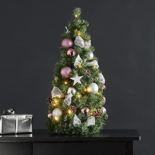 Künstlicher Weihnachtsbaum Noel von Star Trading, Tannenbaum klein mit Christbaumschmuck LED Lichterkette und Timer in Grün, Silber und Rosa für innen, warmweiß, batteriebetrieben, Höhe: 45 cm von Star