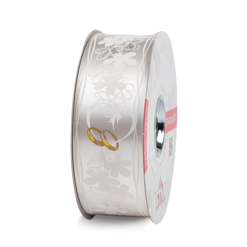Star Geschenkband Ringelband 50mm x 50m wasserfest - Eheringe & Blumen Motiv - Kunststoff Dekoband - Polyband mit Hochzeitsmotiv - Hochzeitsband Schleifenband zum Basteln von Autoschleifen - Weiß von Star