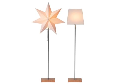 Stehlampe mit Wechselschirm Moa von Star Trading, 3D Papierstern Weihnachten oder eckiger Lampenschirm in Weiß mit Fuß aus Holz und Metall, Dekostern Stehleuchte mit Kabelschalter, E14, Höhe: 82 cm von Star