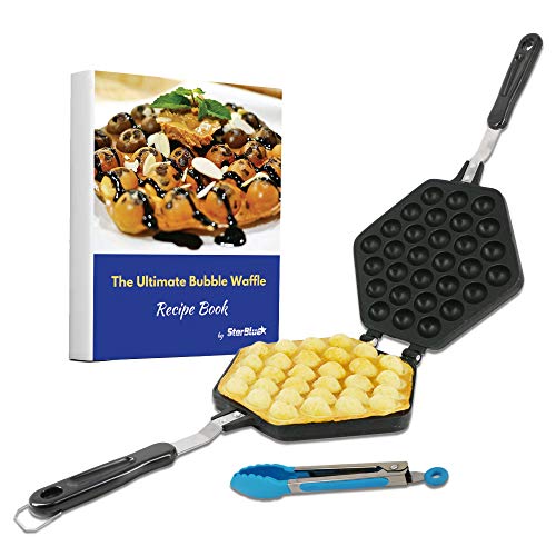 Bubble Waffle Maker Pan von StarBlue mit kostenlosem Rezept-E-Book und Zange - Bereite knusprige Eierwaffeln nach Hongkong-Art in 5 Minuten zu von StarBlue