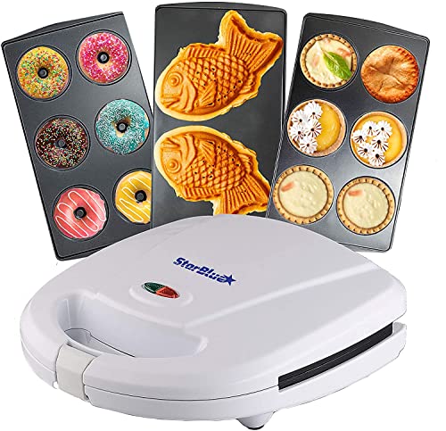 Donuts Bäcker, Mini-Kuchen und Quiche , Taiyaki 3 in 1 Drei Scheiben herausnehmbarer Dessert von StarBlue - Weiß AC 220-240V 50/60Hz 700-800W, UK Stecker mit EU Adapter von StarBlue