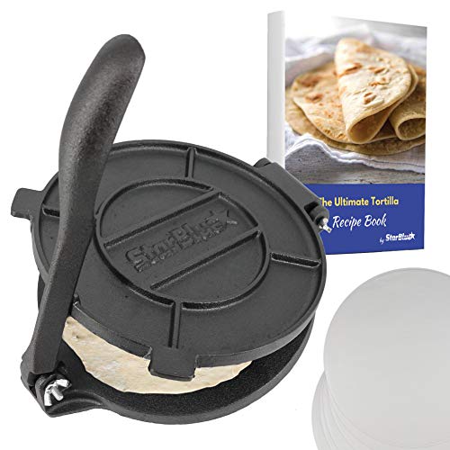 8-Zoll-Tortilla-Presse aus Gusseisen von StarBlue mit kostenlosem 100-teiligem Ölpapier und Rezept-eBook - Werkzeug zur Herstellung von Chapati, Tortilla, Roti von StarBlue