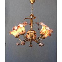 Murano Blumenstrauß Lampe, Glas Floral Karamell Braun Messing Kronleuchter, Deckenleuchte, Kronleuchter Vintage Handgefertigte Glaslampe 1960Er Jahre von StarHomeStudio