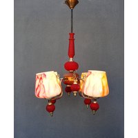 Rote Art Deco Deckenlampe, Messing Kronleuchter, Deckenleuchte, Kronleuchter Lampe, Vintage Koloniallampe 1940Er Jahre von StarHomeStudio