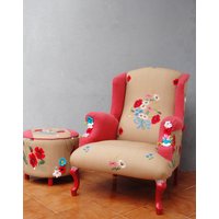 Vintage Bestickter Sessel & Ottomane Boho Blumen Leinen Möbel von StarHomeStudio