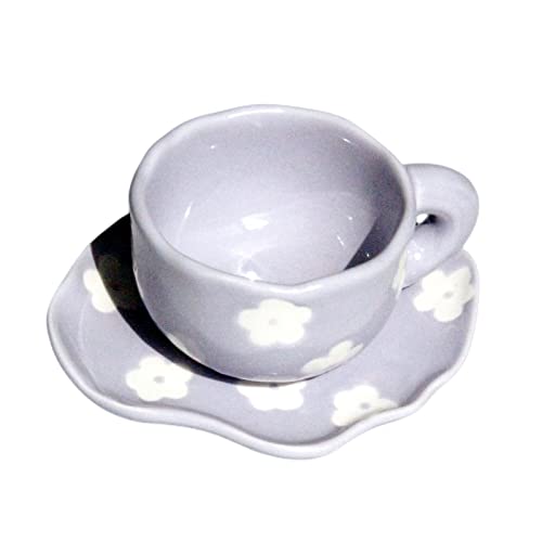 8 Unzen Cappuccino-Tasse, kreative Kaffeetassen- und Untertassen-Sets, einzigartiges Styling-Design, handgeklemmte, unregelmäßige Keramiktasse, für Büro- und Heim-Espresso ( Color : Purple ) von StarLuckINT