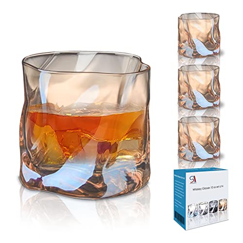 Nordic style whiskey glasses set 4, 10oz bourbon glasses set of 4 lowball glasses, irregular whiskey glass set for men, thickened glass Electroplating process, for Scotch, Cocktail, Liquor, Amber von StarLuckINT