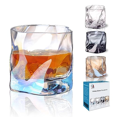 StarLuckINT Whiskey Gläser 4er Set, 285ml Irregular Whisky Glasses, Dishwasher Safe Water Glasses, Whiskey Geschenke für Männer Personalisiert, Drinking Bourbon Scotch Rum Cocktail Cognac, 4 Farben von StarLuckINT