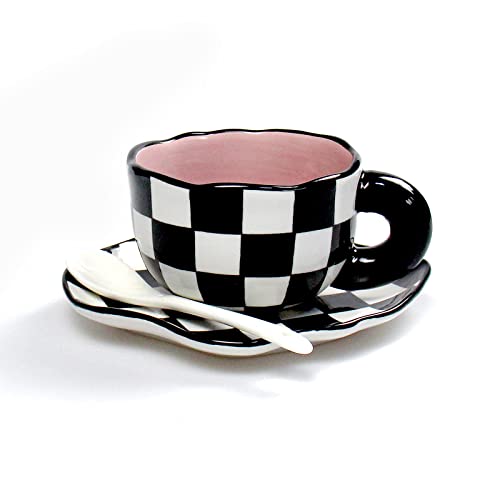 Porzellan Cappuccino-Tassen mit Untertassen, handbemalter Schachbrettkaffeetasse mit Untertasse, Keramikkaffeetasse, für Büro und Zuhause, Geschirrspüler Safe-Latte-Tee-Milch-7oz (Color : Pink) von StarLuckINT