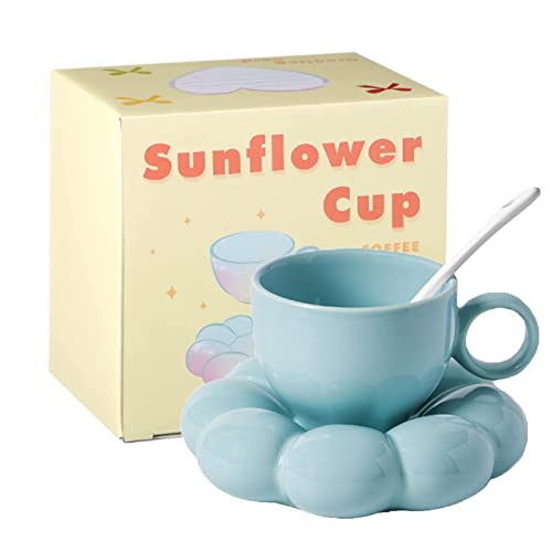 StarLuckINT Kaffeetasse mit Untertasse, Teetassen-Set, kreative Sonnenblumen-Keramiktasse mit Untertasse und Löffel, Kaffeetassen, Keramik-Reisebecher, für Tee Latte Milch, 8 Unzen (Color : Blue) von StarLuckINT