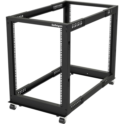 StarTech.com 4-Pfosten 15 HE Mobiles Open Frame Serverrack, 19 Zoll Netzwerk Rack mit Rädern, Rack für Computer/AV/Daten/IT Geräte - Rollen, Nivellierfüße oder Bodenmontage (4POSTRACK15U) von StarTech