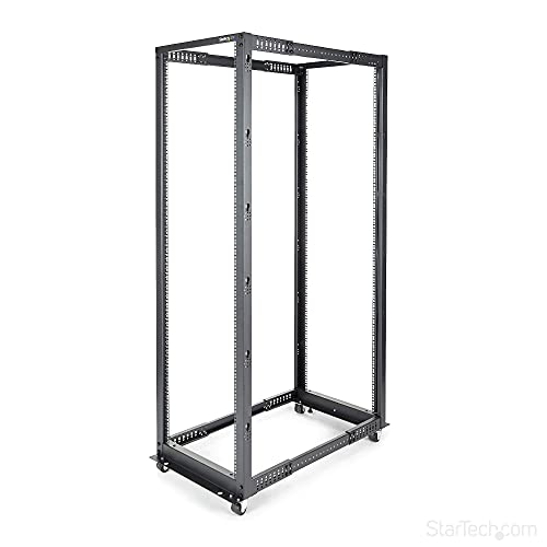 StarTech.com 4-Pfosten 42 HE Mobiles Open Frame Serverrack, 19" Netzwerk Rack mit Rädern, Netzwerkschrank/Rack für Computer/AV/Daten/IT Geräte - Rollen, Nivellierfüße oder Bodenmontage (4POSTRACK42) von StarTech.com