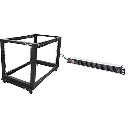 StarTech.com 4POSTRACK12U 4 Pfosten Open Frame Server Rack (12 HE, Schrank tiefenverstellbar) Schwarz & DIGITUS 19" Steckdosenleiste - 7 Abgriffe - 1HE - 250VAC - 50/60Hz - 16A - 4000W von StarTech.com