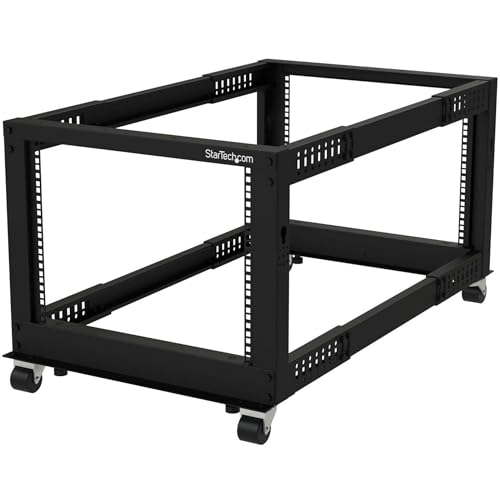 StarTech.com 4-Pfosten 8 HE Mobiles Open Frame Serverrack, 19 Zoll Netzwerk Rack mit Rädern, kleines Rack für Computer/AV/Daten/IT Geräte - Rollen, Nivellierfüße oder Bodenmontage (4POSTRACK8U) von StarTech.com