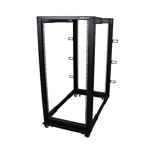 StarTech.com 4-Pfosten 25 HE Mobiles Open Frame Serverrack, 19" Netzwerk Rack mit Rädern, Rack für Computer/AV/Daten/IT Geräte - Rollen, Nivellierfüße oder Bodenmontage (4POSTRACK25U) von StarTech