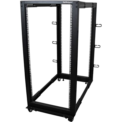 StarTech.com 4-Pfosten 25 HE Mobiles Open Frame Serverrack, 19" Netzwerk Rack mit Rädern, Rack für Computer/AV/Daten/IT Geräte - Rollen, Nivellierfüße oder Bodenmontage (4POSTRACK25U) von StarTech