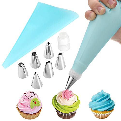 StarTreene 8 Teiliges Spritztüllen Set mit 6 Edelstahldüsen 1 Silikon-Spritzbeutel 1 Adapter Kuchen Backzubehör Torten von StarTreene