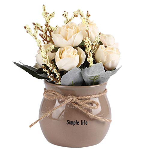 Starbun Künstliche Blumen - Keramik Vase Künstliche Seide Rose Blume Topf Home Desktop Dekoration Ornament Weiß von Starbun