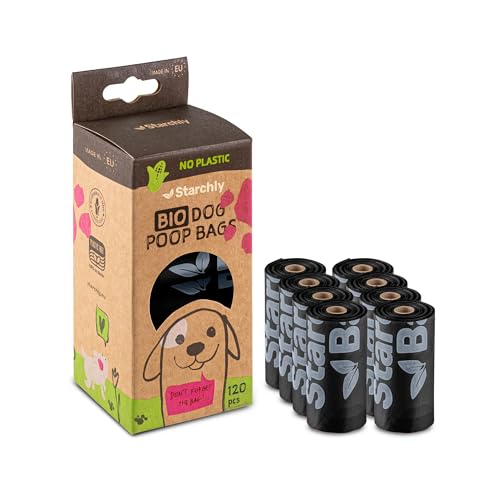 Starchly Kompostierbare Kotbeutel für Hundekot, umweltfreundlich, auslaufsicher, Stärkebasis, 120 Beutel (8 Rollen mit je 15 Stück), Schwarz von Starchly