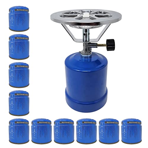 Campingkocher, 1-flammig, 800W, inkl. 10 x 190g Stechgaskartuschen, Metall, Blau - Ideal für Outdoor, Camping & Festivals von Starlet24