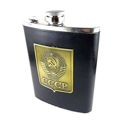 Edelstahl Flachmann Schnapsbehälter Schnaps Flasche CCCP Leder schwarz 8 oz (240ml) von Starlet24