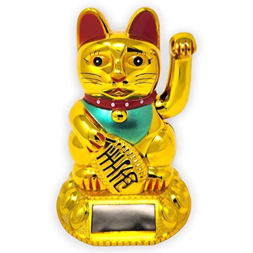 Starlet24® Winkende Glückskatze Winkekatze Lucky Cat Maneki-Neko Winkende Japanische Maneki-Neko (Gold mit Solarzellen, 12cm) von Starlet24