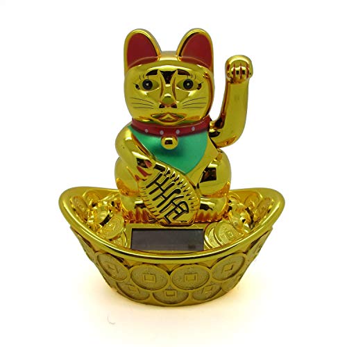 Starlet24® Winkende Glückskatze Winkekatze Lucky Cat Maneki-Neko Winkende Japanische Maneki-Neko (Gold mit Solarzellen, 13cm) von Starlet24