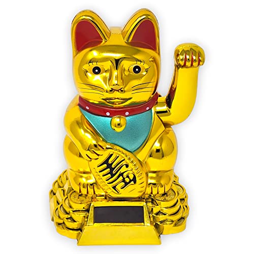 Starlet24® Winkende Glückskatze Winkekatze Lucky Cat Maneki-Neko Winkende Japanische Maneki-Neko (Gold mit Solarzellen, 15cm) von Starlet24