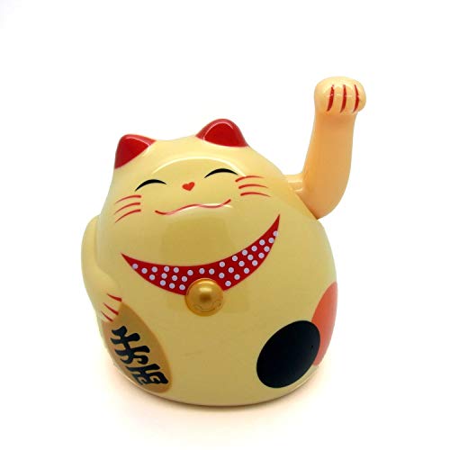 Starlet24® Winkende Glückskatze Winkekatze Lucky Cat Maneki-Neko Winkende Japanische Maneki-Neko batteriebetrieben (Beige, 14cm) von Starlet24