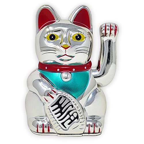 Starlet24® Winkende Glückskatze Winkekatze Lucky Cat Maneki-Neko Winkende Japanische Maneki-Neko batteriebetrieben (Silber, 15cm) von Starlet24