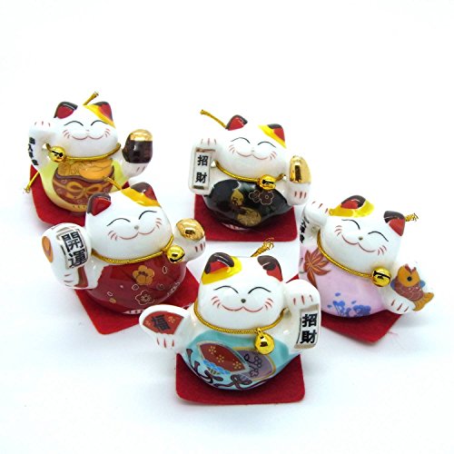 Starlet24 5er-Set Chinesische Glückskatzen Deko Glücksbringer Winkekatzen aus Keramik mit chinesische Aufschrift von Starlet24