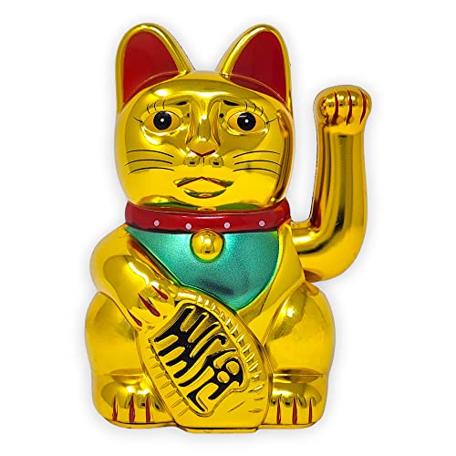 Starlet24® Winkende Glückskatze Winkekatze Lucky Cat Maneki-Neko Winkende Japanische Maneki-Neko batteriebetrieben (Gold Glänzend, 13cm) von Starlet24