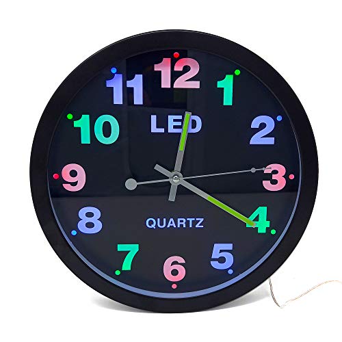 Starlet24 Wanduhr 29,5cm Ø beleuchtet mit bunter LED-Zifferbeleuchtung und Quarz-Uhrwerk (laufruhig, analog, leise, kein Ticken) Schwarz von Starlet24