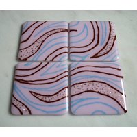 Set Von 4 Verschmolzenen Kunstglasuntersetzer "Sparkling Swirls' Blassrosa Basis, Türkis Und Braune Wirbel Linien Mit Gold Glitzern & Einem von StarlightAndShadows