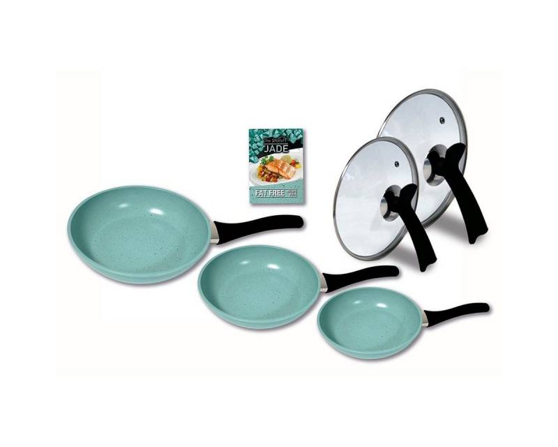 Starlyf Pfannen-Set Jade Pan Set, Aluminium (Starter-Set, 5-tlg., 3 Pfannen, 2 Glasdeckel), Innovativer Deckelgriff zum abstellen von Starlyf