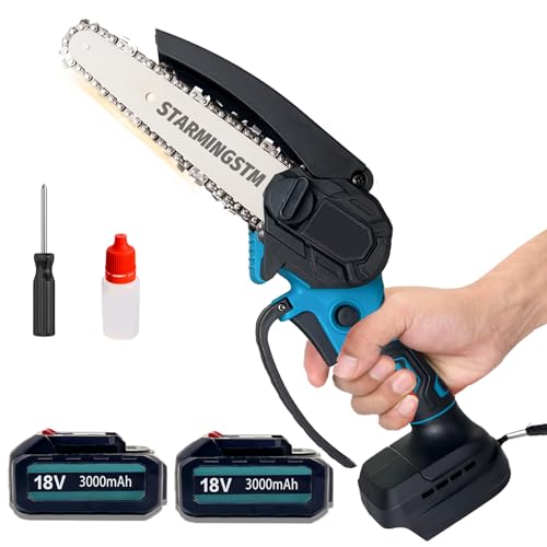 6 Zoll Akku Kettensäge Ersatz für Makita DUC101Z Akku-Astsäge,Mini-Kettensäge Mit 2 Ketten,kleine Ölflaschen,2 Akku 3000mAh Tragbare Einhand-Kettensäge Für Gartenarbeit, Holzschneiden und Beschneiden von Starmingstm