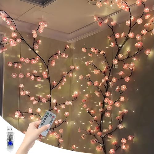 Starnearby Cherry Blossom Lights LED Wand Deko Kirschblüten Lichterkette 1.6M 72 LEDs mit Fernbedienung 8 Modi Timer Lichterkette für Wanddeko Schlafzimmer Wedding Raum Deko von Starnearby