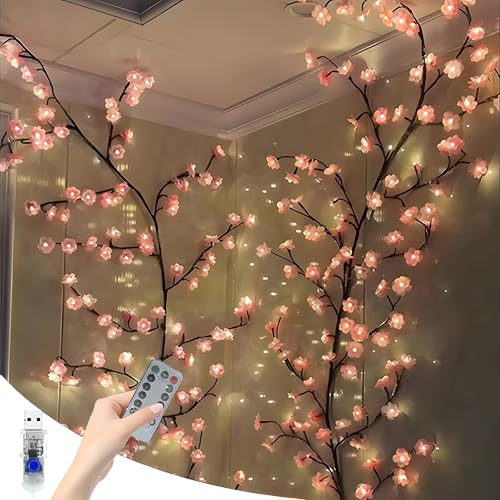 Starnearby Cherry Blossom Lights LED Wand Deko Kirschblüten Lichterkette 2.3M 144 LEDs mit Fernbedienung 8 Modi Timer Lichterkette für Wanddeko Schlafzimmer Wedding Raum Deko von Starnearby