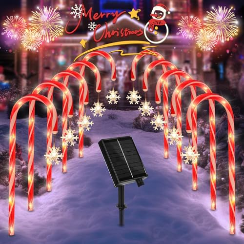 Starnearby 12 Stück Weihnachtsdeko Aussen, Zuckerstangen Beleuchtet Außen Solar, 8 Modi Weihnachtsbeleuchtung Außen mit LED Schneeflocke Lichter, Weinachtsdekorationen für Outdoor, Rasen, Hof, Garten von Starnearby