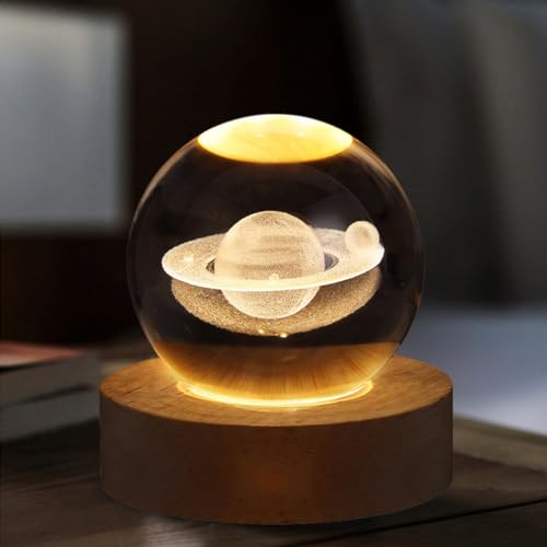 Starnearby 3D Kristallkugel Nachtlicht, 60mm Glaskugel Lampe mit Holzsockel, Sonnensystem Kristallkugel Planeten Lampe, Astronomie Geschenk für Mutter, Kinder, Freundin (Saturns Lampe) von Starnearby